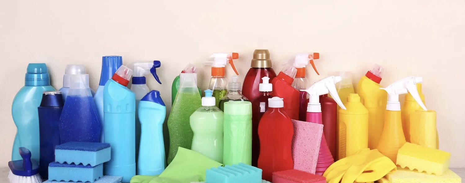 Color coded various cleaning products without names